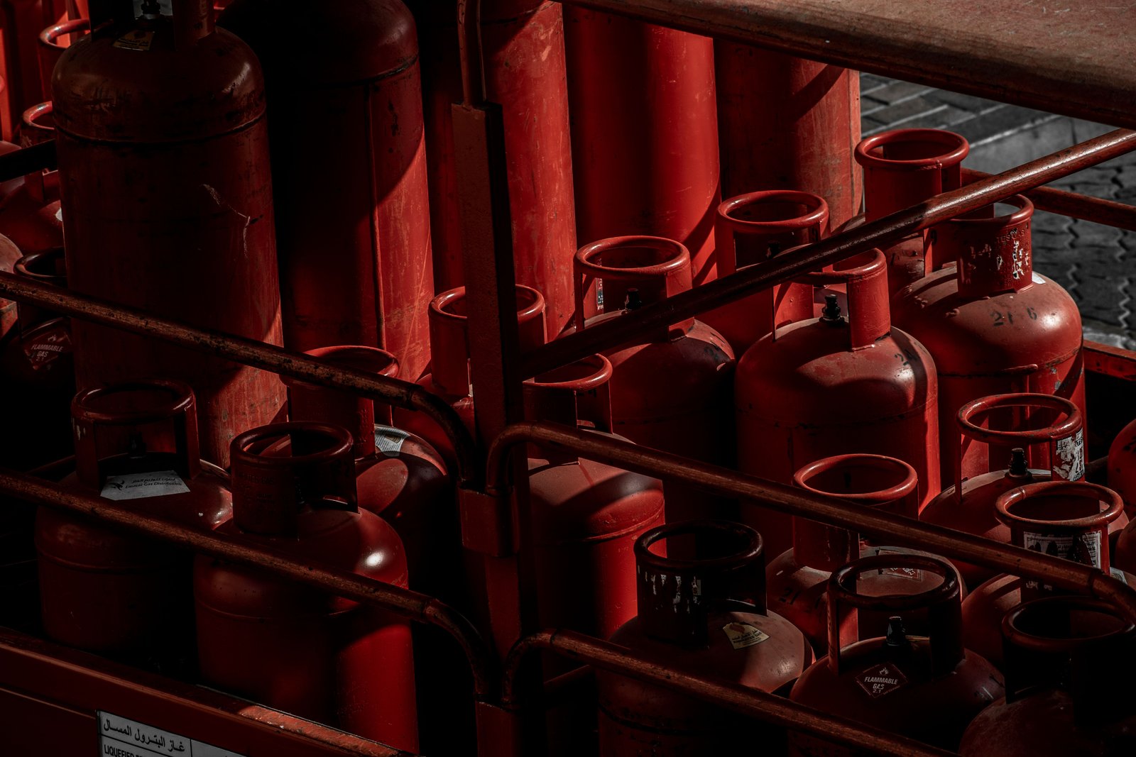Propane cylinders in a supply rack